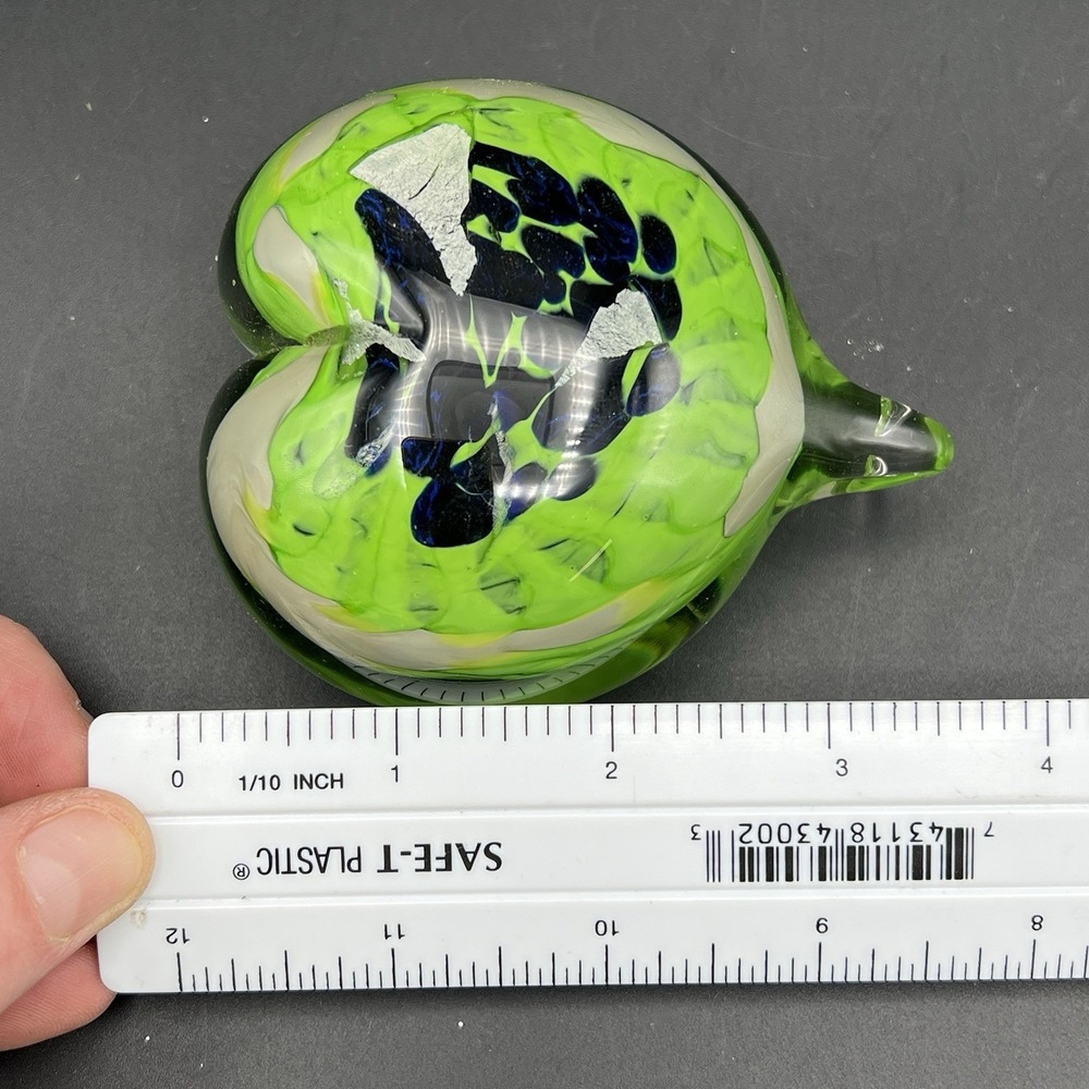 Artist Signed Blue Green Heart Shaped Art Glass Paperweight Seattle Seahawks - Picture 8 of 9
